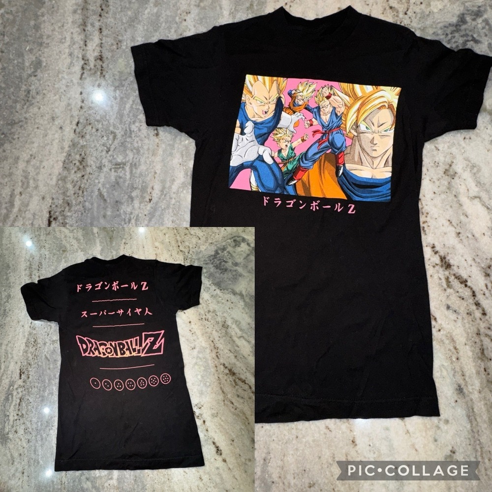 Dragon Ball Z Women's Small Fitted T Shirt Black Graphic Print Pink Double Sided